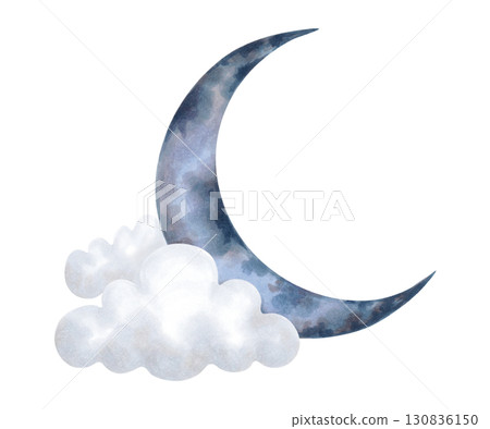 Blue crescent moon with cloud. Watercolor and marker illustration. Hand drawn isolated image with sky elements. Clipart, cartoon children's sketch for children's room, clothes, cards, congratulations. Blue crescent moon with cloud. Watercolor and marker illustration. Hand drawn isolated image with sky elements. Clipart, cartoon children's sketch for children's room, clothes, cards, congratulations. 130836150