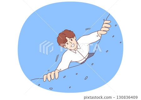 Business venture for brave man taking risky action and hanging off edge of cliff. 130836409