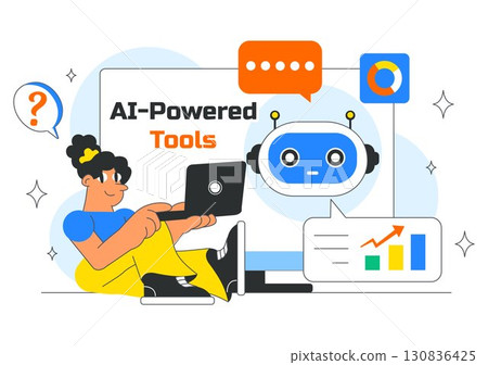 AI Powered Tools Illustration featuring Ai Powered Data analytics, Automated Information Research, Mobile Intelligent interfaces, and SEO Advertising AI Powered Tools Illustration featuring Ai Powered Data analytics, Automated Information Research, Mobile Intelligent interfaces, and SEO Advertising 130836425