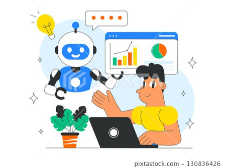 AI Powered Tools Illustration featuring Ai Powered Data analytics, Automated Information Research, Mobile Intelligent interfaces, and SEO Advertising 130836426