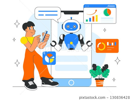 AI Powered Tools Illustration featuring Ai Powered Data analytics, Automated Information Research, Mobile Intelligent interfaces, and SEO Advertising 130836428
