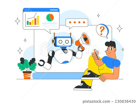 AI Powered Tools Illustration featuring Ai Powered Data analytics, Automated Information Research, Mobile Intelligent interfaces, and SEO Advertising 130836430