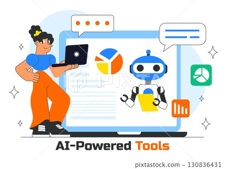 AI Powered Tools Illustration featuring Ai Powered Data analytics, Automated Information Research, Mobile Intelligent interfaces, and SEO Advertising 130836431