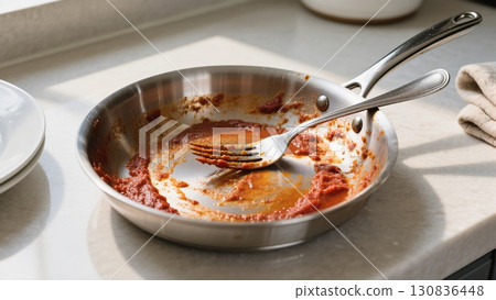 Empty Frying Pan With Remnants of Sauce and a Fork on a Kitchen Countertop in Natural Light 130836448