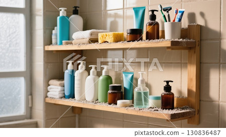 Shelves Stocked With Various Skincare and Personal Care Products in a Modern Bathroom Setting 130836487
