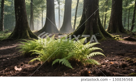 Lush Green Ferns Thrive Under Towering Trees in a Serene Forest at Dawn 130836568