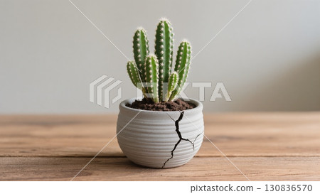 Cactus in Cracked Pot on Wooden Table Showcasing Natural Beauty and Resilience 130836570