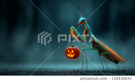 Alien-looking praying mantis holding a glowing carved jack-o'-lantern. Halloween celebration 130836643