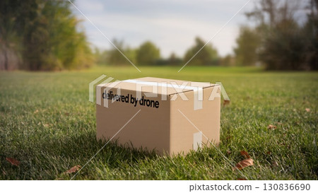Package Delivered by Drone on a Sunny Day in a Grassy Area With Scattered Leaves and Trees 130836690