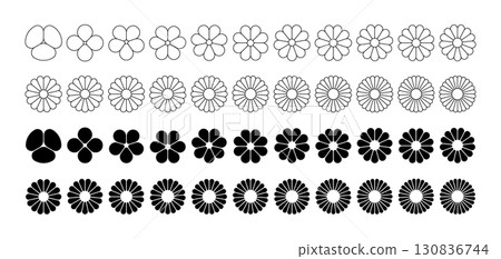 Flower petal shape icons set. Infographic circle diagram. Pie simple chart. Flower leaves geometric graphic element. Round wheel design chart. Vector illustration isolated on white background Flower petal shape icons set. Infographic circle diagram. Pie simple chart. Flower leaves geometric graphic element. Round wheel design chart. Vector illustration isolated on white background 130836744