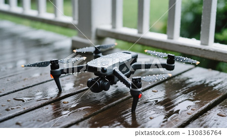 Rainy Day Conditions Show a Drone Resting on a Wooden Deck With Droplets of Water on Its Surface 130836764