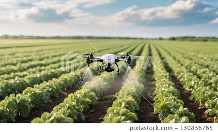 Drone Spraying Crops in a Field During Daytime With Blue Skies and Clouds Drone Spraying Crops in a Field During Daytime With Blue Skies and Clouds 130836765