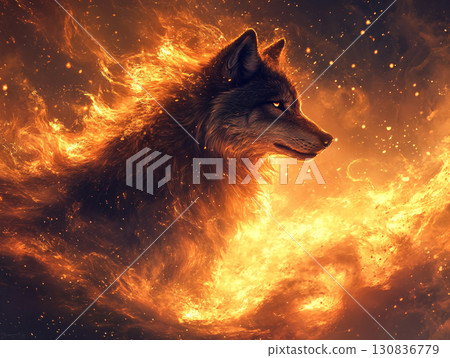 Concept image of a red wolf and flame on a black. Flaming wolf. AI Generated. 130836779
