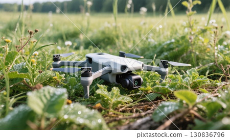 Drone Rests on Lush Green Grass With Dew in a Serene Countryside Setting During Daylight 130836796