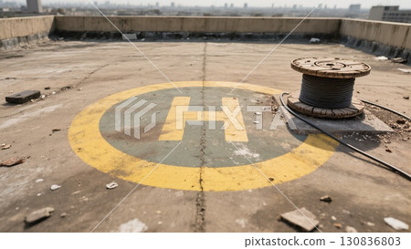 Urban Rooftop With Helicopter Landing Pad and Spool of Cable Against a City Skyline Urban Rooftop With Helicopter Landing Pad and Spool of Cable Against a City Skyline 130836803