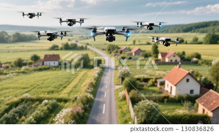 Drones Flying Over a Rural Landscape With Houses and a Winding Road During Sunset Hours 130836826