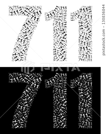 Typography illustration of 711 made from repeating numbers in black and white 130836844