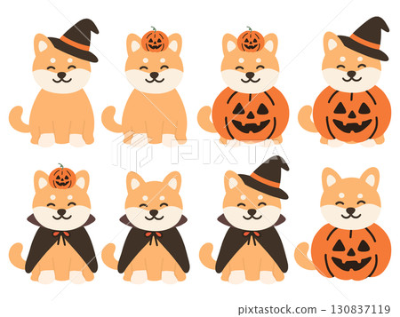 Set of 8 illustrations of Shiba Inu in Halloween costumes Set of 8 illustrations of Shiba Inu in Halloween costumes 130837119