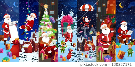 Christmas Santa Claus and elf characters collage with cartoon Xmas gifts and tree. Merry Christmas holiday Santa characters delivering presents at winter village streets, fireplace and chimney Christmas Santa Claus and elf characters collage with cartoon Xmas gifts and tree. Merry Christmas holiday Santa characters delivering presents at winter village streets, fireplace and chimney 130837171