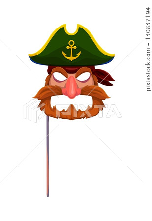 Caribbean pirate bearded face in hat photo booth mask. Privateer sailor, filibuster captain kids photo booth vector prop. Mask with golden Caribbean corsair pirate bearded face, anchor on tricorn hat 130837194