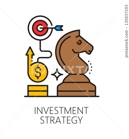 Investment strategy, finance color line icon or symbol. Business trade fund lineart vector icon, investor strategy outline sign. Capital investment pictogram with chess horse, golden coins and target Investment strategy, finance color line icon or symbol. Business trade fund lineart vector icon, investor strategy outline sign. Capital investment pictogram with chess horse, golden coins and target 130837203