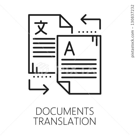 English language document translation line icon or emblem. Foreign vocabulary outline vector symbol, speech dictionary sign. English language translation thin line pictogram with two documents pages English language document translation line icon or emblem. Foreign vocabulary outline vector symbol, speech dictionary sign. English language translation thin line pictogram with two documents pages 130837232
