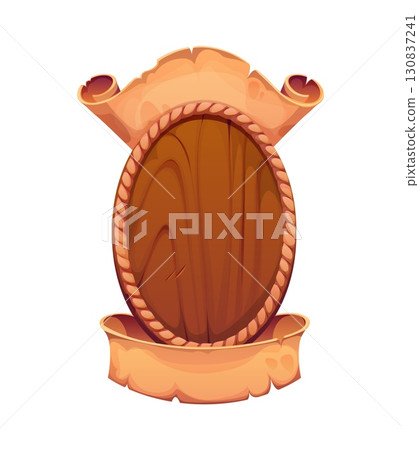 Cartoon wooden round sign with decorative scroll accents and a blank banner. Cartoon vector pirate signboard, frame and heraldry icon for game interfaces, fantasy maps, medieval adventure menu border 130837241