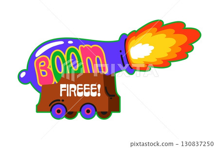 Pirate shooting cannon vintage Y2K sticker or label. Filibuster treasure hunting 60s Y2K sticker, piracy and nautical vector tag. Pirate marine patch with ship firing cannon and funky typography 130837250