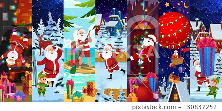 Christmas Santa Claus characters collage, vector Merry Xmas holiday. Cartoon cute Santa characters, Christmas gifts bag, Xmas tree, reindeer and funny elf personages at winter holiday village streets 130837252