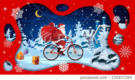 Christmas paper cut greeting card with Santa on bicycle with gift bag, vector Xmas holiday. Cartoon cute Santa character delivering Christmas gifts by bike from snow forest to town in paper cut frame Christmas paper cut greeting card with Santa on bicycle with gift bag, vector Xmas holiday. Cartoon cute Santa character delivering Christmas gifts by bike from snow forest to town in paper cut frame 130837269