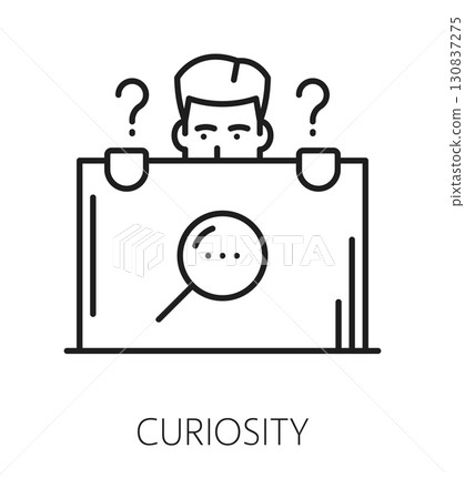 Curiosity life skills line icon or emblem. Personality potential thin line vector icon, people curiosity ability outline sign. Personal life skills pictogram with man character and magnifying glass 130837275