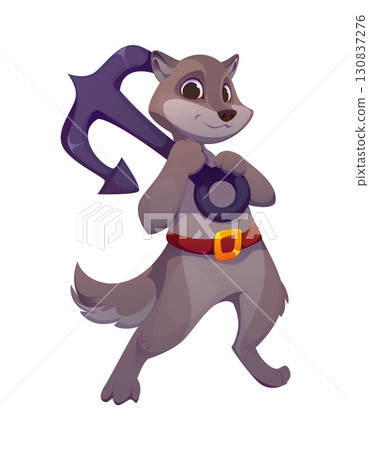Cartoon raccoon animal pirate character. Isolated vector corsair personage confidently holding a large anchor over the shoulder, wearing a belt with gold buckle, radiating mischief and nautical spirit 130837276