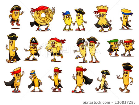 Cartoon groovy pasta pirates and corsairs characters. Gnocchi, capellini, cavatelli and vermicelli, campanelle, cannelloni Italian pasta pirate captain, corsair skipper groovy vector characters set 130837283
