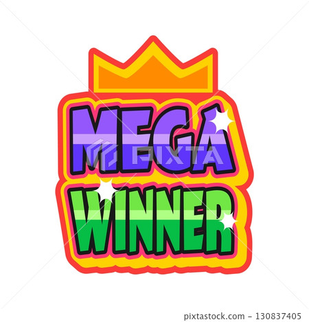 Mega winner casino gambling Y2K groovy sticker or vintage tag. Poker game luck 60s vector sticker, gambling jackpot groovy patch. Vegas fortune label or tag with golden crown and colorful typography 130837405