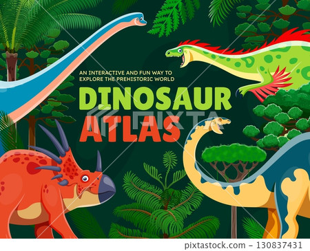 Prehistoric dinosaur characters atlas book cover template. Paleontology vector brochure, dinosaurs book cover with antarctosaurus, styracosaurus, melanorosaurus and raptor dinosaurs characters Prehistoric dinosaur characters atlas book cover template. Paleontology vector brochure, dinosaurs book cover with antarctosaurus, styracosaurus, melanorosaurus and raptor dinosaurs characters 130837431