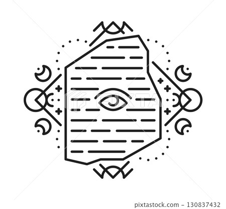 Egyptian manuscript papyrus scroll esoteric line tattoo. Egyptian mythology lineart vector sign, egypt culture sacred symbol. Ancient civilization esoteric tattoo with papyrus scroll, providence eye 130837432