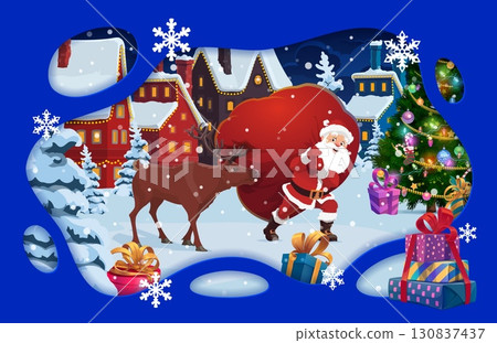 Christmas paper cut greeting card with Santa and deer on Xmas town street vector background. Cartoon Santa Claus characters carrying red bag in 3d paper cut frame with gift boxes and snowflakes 130837437