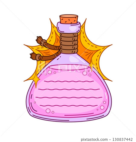 Magic potion bottle kids memo note template. Schedule frame, to do list vector memo note. Glass container children scrapbook sticker or kids diary label with sorcery elixir bottle, pink potion vial 130837442