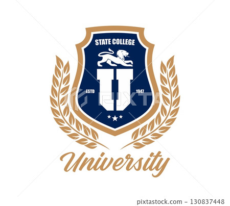 State university, college sport team icon or emblem. College vector emblem, international university badge. Academy symbol with U letter, lion, laurel wreath, shield and handwritten typography 130837448