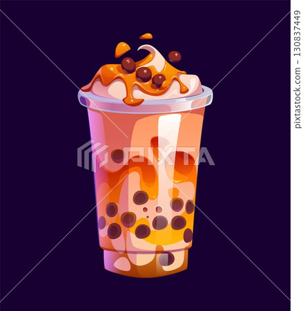 Fast food caramel milk bubble tea drink glass. Takeaway cafe dessert drink, smoothie cartoon vector cup, milk boba beverage. Sweet bubble tea glass with whipped cream and caramel syrup or topping 130837449