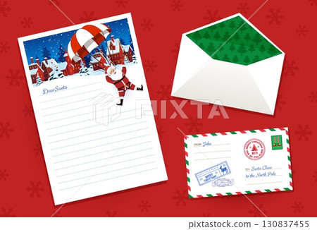 Christmas wish list letter to Santa Claus. Vector Xmas mail card, postcard or winter holiday letter and envelope with postage stamp, cartoon Santa Claus character flying parachute and Christmas houses 130837455