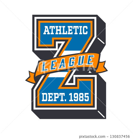 Varsity sport letter Z, school club patch label. University campus club label vector sticker, varsity team vintage emblem patch. Sport league typography sign badge with orange ribbon and typography 130837456