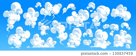 Cartoon anime manga isolated sky clouds. Vector anime game or manga comic book white clouds, sunny day blue sky background with fluffy cumulus set. Summer nature landscape elements and weather concept 130837459