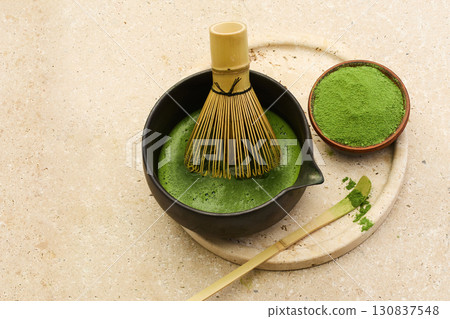 Matcha Tea Ceremony. Ceremonial matcha with bamboo whisk, bowl Matcha Tea Ceremony. Ceremonial matcha with bamboo whisk, bowl 130837548