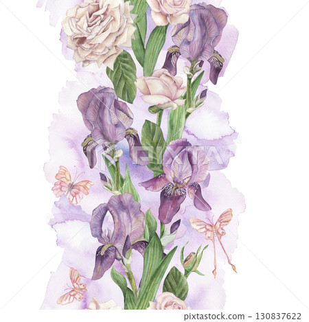 Seamless floral border with purple irises, pink roses, green leaves, peach butterflies. The watercolor illustration with flowers and insects is hand-painted in a botanical style, in pastel shades Seamless floral border with purple irises, pink roses, green leaves, peach butterflies. The watercolor illustration with flowers and insects is hand-painted in a botanical style, in pastel shades 130837622