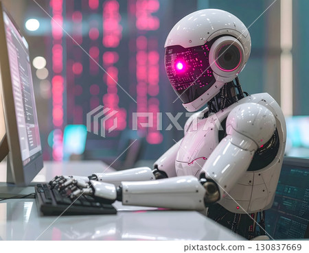 Robot typing on computer keyboard under glowing pink interface Robot typing on computer keyboard under glowing pink interface 130837669