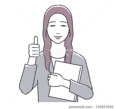A woman holding a document and giving a thumbs up 130837699