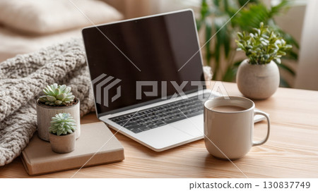 Cozy home office workspace with laptop, coffee and succulents, minimalist desk design 130837749