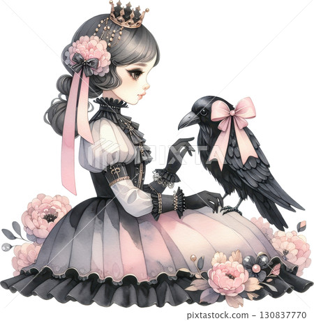 A gothic princess with her crow companion and floral accents 130837770