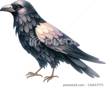 A crow or raven featuring dark feathers subtle pink and peach highlights on its wings and a refined profile 130837771